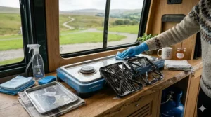 Alt text for image 7: A lightweight trekking stove boiling a whistling kettle on a van’s pull-out rear drawer during a wild camping trip in Scotland.