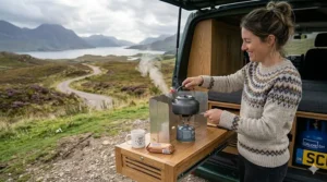 Alt text for image 6: A high-output camping stove with built-in windshields protecting the flame while cooking outdoors in breezy coastal conditions.