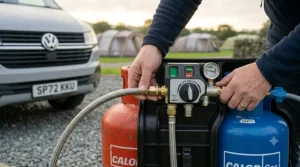 An automatic changeover valve connecting two gas cylinders to ensure a continuous fuel supply for a campervan.