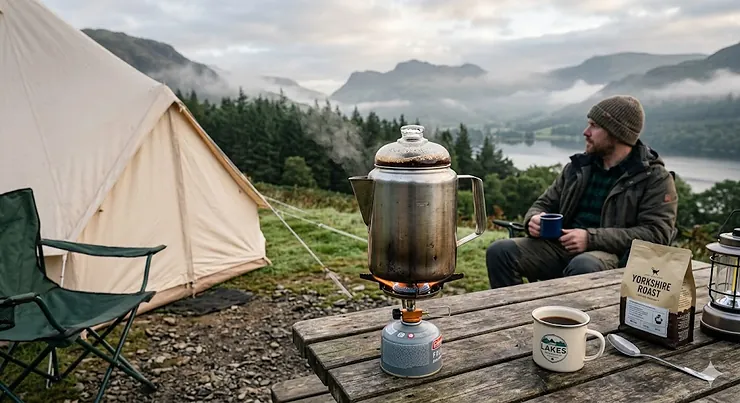 A stainless steel camping coffee percolator bubbling over a portable stove at a campsite in the Lake District, perfect for brewing fresh coffee outdoors. camping coffee percolators