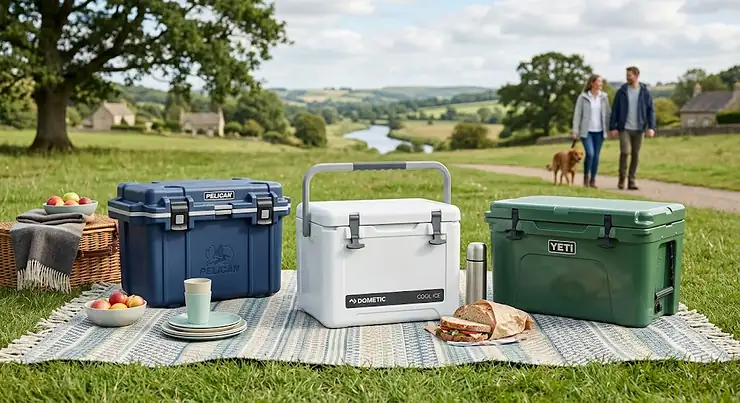 A high-quality passive cool box sitting on a picnic rug in a sunny British park. best passive cool box