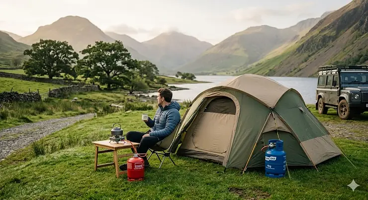 A camper enjoying a hot drink next to a tent and gas bottle at a scenic UK campsite. propane cylinders camping
