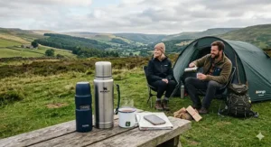 A durable stainless steel thermos flask sitting on a picnic table at a UK campsite. thermos flasks camping