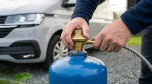A close-up of a hand attaching a butane clip-on gas regulator to a standard blue gas cylinder.