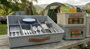 An organiser box neatly arranged with camping ladles, tongs, and spatulas.