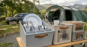 A durable, compact organiser box filled with camping cutlery and plates.