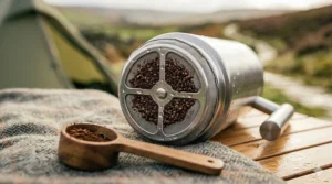 Close-up view of the fine-mesh filter on a camping French press, showing the ideal coarse grind for a rich, grit-free brew.