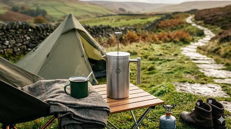 A durable stainless steel camping French press brewing fresh coffee on a portable stove at a campsite in the Lake District, showcasing its compact, insulated design. camping french press