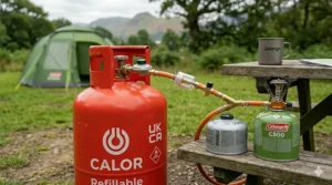 Gas regulator attachment for connecting camping cylinders to stoves.