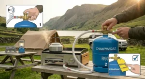Three-step guide to exchanging an empty Campingaz cylinder for a full refill.