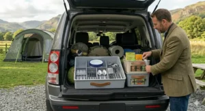A set of camping kitchen organiser boxes packed tightly for boot storage.
