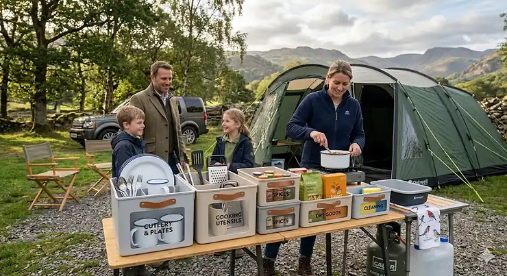 A neat, modular camping kitchen organiser system with labelled boxes holding cutlery, spices, and cooking utensils. camping kitchen organiser boxes