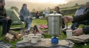 A large camping percolator sat on a gas canister for group coffee brewing by a fire pit, showing compatibility with various heat sources.
