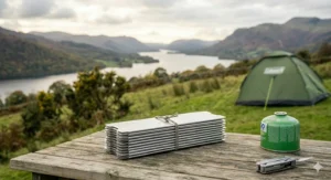 A hiker using a camping stove wind shield to protect their burner during a windy day in the Peak District.