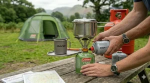 Close-up of hands correctly attaching a gas cartridge to a camping stove.