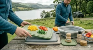 Preparing fresh vegetables on a sturdy camping chopping board at a picnic table.