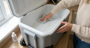 Cleaning the interior of a Coleman cool box with a cloth to showcase the easy-wipe antimicrobial liner.