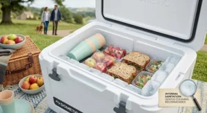 Person cleaning the interior of a passive cool box with mild soapy water.