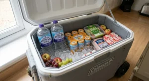 Interior view of a Coleman cool box packed with food and drink for a British summer picnic.