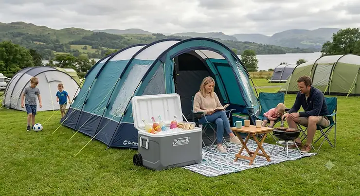 A family enjoying a camping trip in the UK countryside with a Coleman cool box placed near their tent. Coleman cool box review