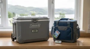 Side-by-side comparison of a hard-cased Coleman cool box and a soft-sided cool bag for cooling efficiency.