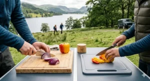 A compact, collapsible camping chopping board that folds down for easy storage in a rucksack.