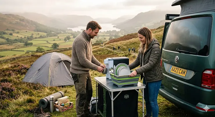 A hand reaching for a grey, stacked microfiber drying cloth next to a Moka pot on a camping table with a stunning mountain landscape. collapsible draining racks camping