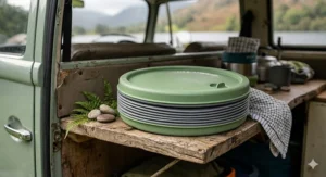 Green and grey collapsible washing up bowl with integrated drain plug.