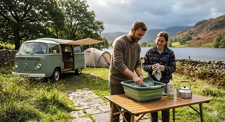 Collapsible washing up bowl set for camping on a folding table. collapsible washing up bowls camping