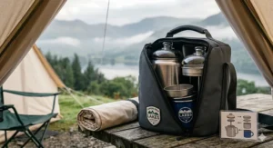 A camping coffee percolator packed neatly inside a storage bag, highlighting its compact design for backpacking.