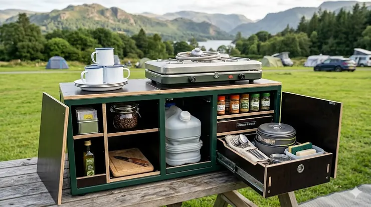 Compact camp kitchen storage box with organised drawers for utensils and spices. chuck boxes camping