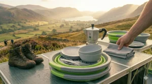 Wide-angle panorama showcasing the entire organised field kitchen set-up, positioned against the sweeping landscape.