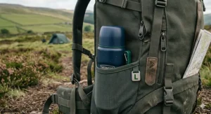 A compact, lightweight thermos flask packed into the side pocket of a hiking rucksack.