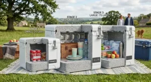 Comparison chart showing different passive cool box sizes in litres for camping and days out.