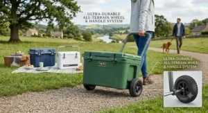 A sturdy passive cool box with all-terrain wheels being pulled across a grassy campsite.