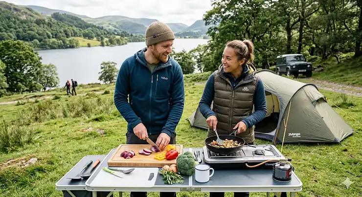Set of durable camping chopping boards prepared for outdoor food prep on a portable camp table. camping chopping boards