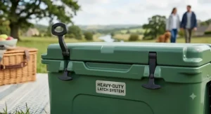 Close-up of heavy-duty, robust rubber latches on a high-performance passive cool box.