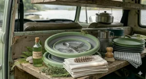 Durable silicone camping sink bowl filled with water for washing dishes.