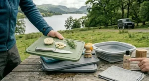 Easy-clean chopping board designed for quick washing up at the campsite.