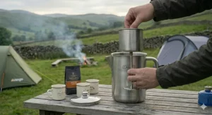 The large camping percolator disassembled for cleaning, showing the basket and stem assembly for easy maintenance after a morning coffee session.