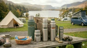 A close-up demonstrating the easy-pour lid of a large thermos flask at a campsite.