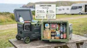 Visual guide demonstrating how many cans and food items fit inside a 30-litre electric cool box.