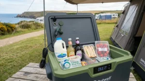 An electric cool box connected to a 240V mains hook-up lead at a caravan site.
