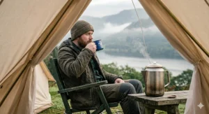 A person holding a mug of fresh coffee beside their tent, with their camping coffee percolator sitting on a table nearby.