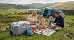 A family having an afternoon tea picnic in a scenic UK valley, featuring a Coleman cool box.