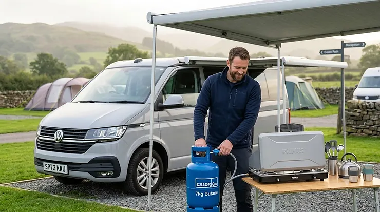 A man setting up a gas bottle and stove outside a campervan in a scenic British campsite. gas regulators camping