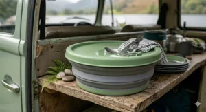 Compact foldable dish rack for drying plates after camping washing up.