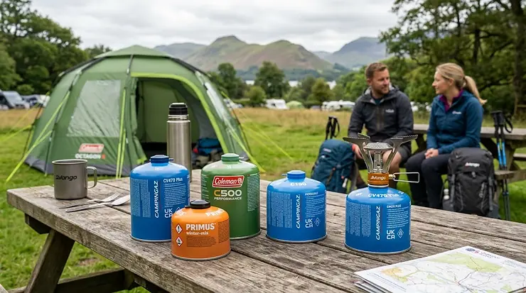 Selection of various camping gas canisters and refillable cylinders for outdoor stoves. gas canisters camping