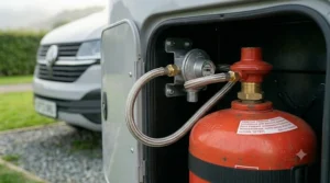 A technical view of various gas cylinder adapters used for connecting appliances to different bottle brands.