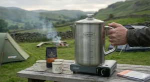 A close-up of the rugged, stainless steel design of our large camping percolator, built to withstand daily use on your next UK wilderness expedition.